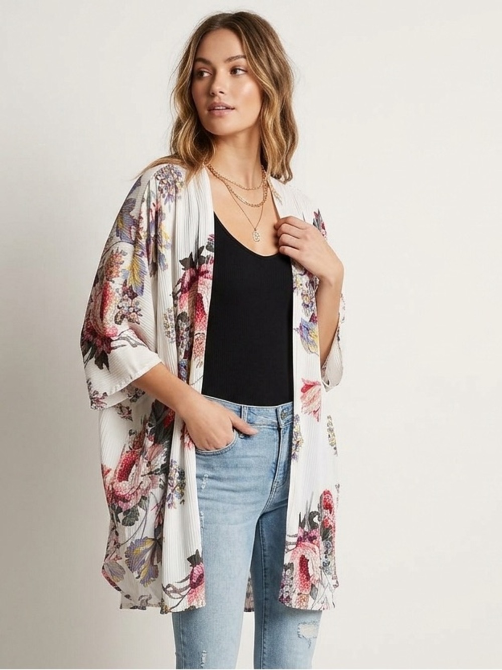 Umgee White Floral Kimono Cardigan with Pink and Purple Blooms